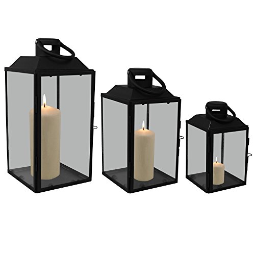 Dekoratives 3tlg. Laternen-Set H23,5/32/41cm mit Henkel Laterne Gartenlaterne Kerzenhalter Gartenbeleuchtung Schwarz Windlicht - 2