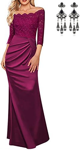 carinacoco Shoulder Dress Lace Stitching Long Sleeve Maxi Formal Evening Party Cocktail Banquet Ball Gown Dresses,Red,34