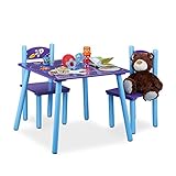 Relaxdays Kindersitzgruppe FUNNY Weltraum-Motiv, 1 Tisch, 2 Stühle, Holz, Kindertischgruppe für Jungen, blau / lila