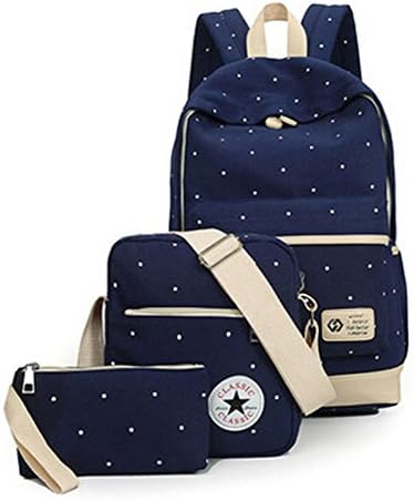 KediFashion Dot Pattern Canvas Rucksack Teenage Girls School Bag 14.6 inch Laptop Backpack + Messenger Bag + Purse (Navy Blue)