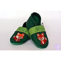Hausschuhe Leder Puschen Krabbelschuhe Fuchs bestickt Name und Geburtsdatum