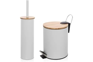Inbagno Set Accessori Bagno scopino WC e pattumiera a Pedale 3 Lt, in Acciaio e bambù, Linea Haiti