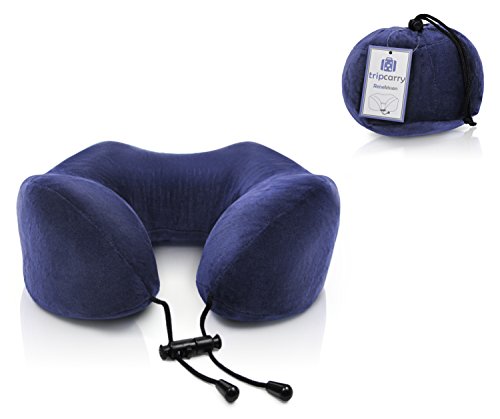 Tripcarry Reisekissen (faltbar) - Ergonomisch geformtes Nackenkissen mit Memory-Schaum-Füllung & waschbarem Bezug | Nackenhörnchen für erholsamen Schlaf im Flugzeug, Zug & Auto (Blau)