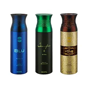 Ajmal Blu & Sacrifice II & Wisal Dahab Deodorant Spray For Men 200ml each (Pack of 3, 600ml) + 3 Parfum Testers Free