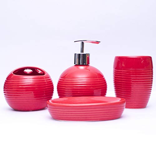 Era Of Décor Ceramic Bathroom Accessories Set- Soap Dispenser, Toothbrush Holder, Soap Dish and Tumbler- Home Accessory, Red, Easter Gift
