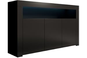 MB Muebles Bonitos, Aparador Aker con Luz LED y 3 Puertas para Salón Comedor, Mueble TV de Melamina Mate, Color Negro, 155x91,5x37 cm