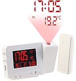 Projektions-Element um 90 Grad schwenkbar • DCF-Funkempfänger: präzise automatische Zeiteinstellung • Wettervorhersage dank Außen-Funksensor mit bis zu 60 m Reichweite (zum Aufstellen oder zur Wandmontage, 433-MHz-Funktechnologie) • Messbereich der Außentemperatur: -40 bis +70 °C • Zeitanzeige wahlweise im 12- oder 24-Stunden-Format • USB-Ladeport für Mobilgeräte: 5 Volt / 1 A