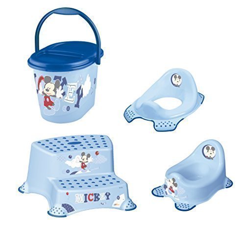 Baby Bathroom Set, 4 Piece, Mickey Mouse: Toilet Seat + Children's Potty + Step Stool, 2 Steps + Nappy Bucket