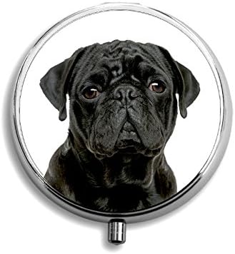 Pug Black Dog Gift. Pill Box with Black Velvet Gift Pouch. Unique Design, Shiny silver-tone metal 2" diameter pill box for medication. A beautiful gift for many occasions