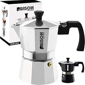 Bison Milano Stovetop Espresso Maker Moka Pot 3 Cups, 150ml, Silver - Stove top coffee maker Moka Italian espresso coffee maker brewer percolator