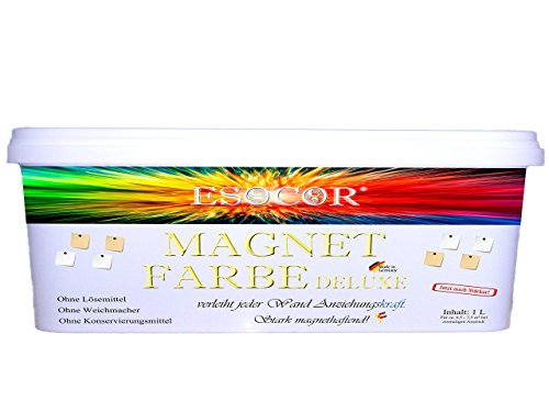 Neu! Jetzt noch stärker! 1 Liter Esocor® Magnetfarbe deluxe + 5 Neodym- Test Magnete Gratis – verleiht jeder Wand Anziehungskraft – stark magnethaftend – sehr Allergikerfreundlich – Ohne Konservierungsmittel – Ideal für Innen- und Aussenflächen
