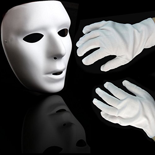 German Trendseller® - Neutrale Maske Weiß + Weiße Handschuhe Deluxe ┃ Gesichtsmaske Weiß ┃ Paar Handschuhe Weiß ┃ Pantomime ┃ Theater ┃Karneval