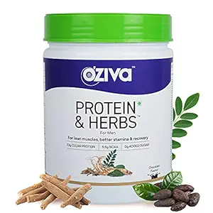 OZiva Protein & Herbs, Men (23g Whey Protein, 5.5g BCAA & Ayurvedic herbs like Ashwagandha, Chlorella & Musli) for Better Stamina & Lean Muscles, Chocolate, Certified Clean, 500g