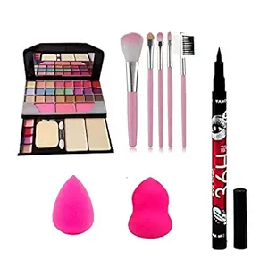 Womens & Girls MYGIRL TYA 6155 Multicolour Makeup Kit with 5 Pink Makeup Brushes Set, 1 36H LongLasting EyeLiner and 2 Beauty Blenders - (Pack of 9)