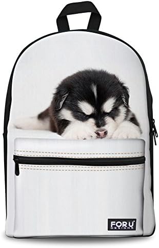 White Canvas Backpack Small Husky Printed School Bag for Teens