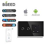  BSEED Interruptor táctil inteligente de WIFI con enchufe de 13A Conmutador de panel de cristal Compatible con Amazon Alexa y Google Home de luces de pared 2 Gang 1 Way Negro