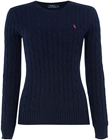 Ralph Lauren Polo Women's Cable Knit Crew Neck Jumper Navy Cream (Small, Navy)