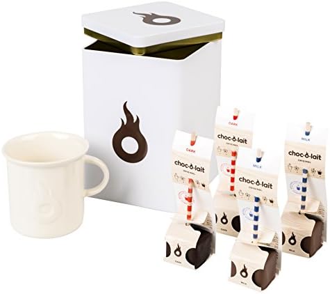 White tin with mug and 4 drinking chocolate sticks - 2 milk and 2 dark - 4 x 132g