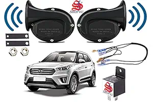SHOP4U Square Shape Car Windtone Horn with Ral ey and Wire for Hyundai Creta ( Black ) - Set of 2