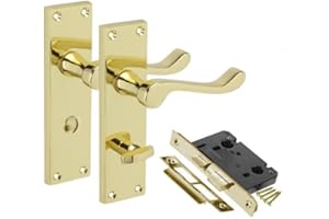 Golden Grace Victorian Scroll Bathroom Door Handles with 64mm Bathroom Lock Set in Polished Brass Finish, Classic Interior Doors Hardware