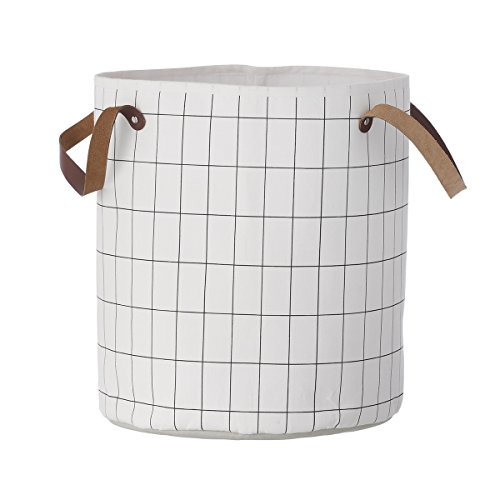 Ferm Living Grid Basket Wäschekorb Aufbewahrungskorb aus Baumwolle mit Ledergriffen H 40cm, Ø 35cm
