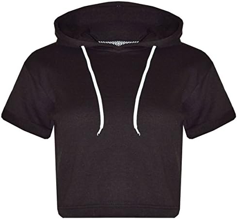 Ladies Girls Short Sleeve Hooded Crop Top Jogging Hoodies Gym Exercise Outerwear (Black, L)