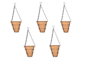 COIR GARDEN Conical Coir Basket with Stand, Flower Basket with Hanging Metal Chain Coco Pots (Pack of 5) - Dia 15 cm, Height - 23 cm