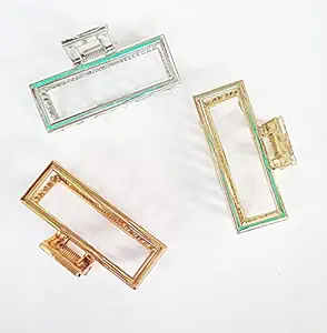 HOMEPIC Large Plastic Hair Claw Clips Hair Catch Barrette Jaw Clamp Clutches for Women Thick Hair Clips Hair Accessories For Girls Women Hair Claw (Golden, silver, bronze)Pack of 3