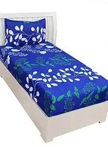 BSB HOME 3D Royal Blue & White and Green Flower Print Single Bedsheet with 1 Pillow Cover -Blue and Green Leaf