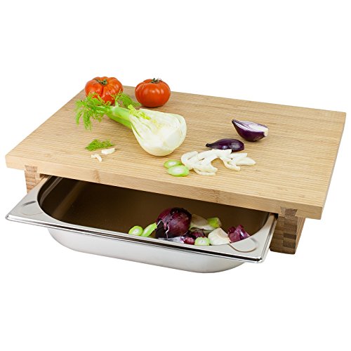 cleenbo Schneidbrett „bamboo GN“ Profi Küchenbrett aus geöltem Bambus mit verschiebbarer Gastronorm Edelstahl Auffangschale (GN) 1/2, Board Maße: 420 x 290 x 75 mm - 2