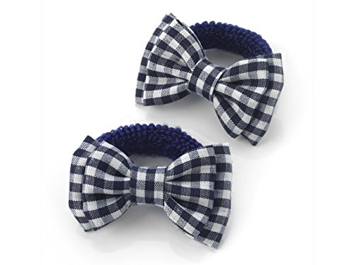 Girls Pair of Mini Ponios with Double Gingham Bow in Navy Blue