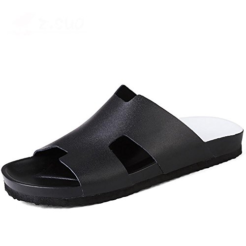 SYYAN Herren Sommer Rom Leder Strand Rutschfest Offener Zeh Flip Flops Draussen Freizeit Schwarz Weiß Black