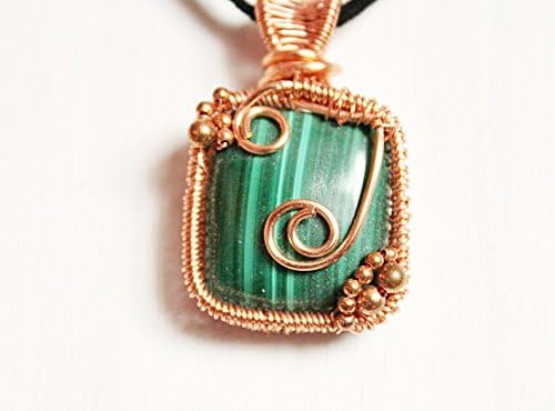 Malachite and copper pendant with hand woven wire bezel