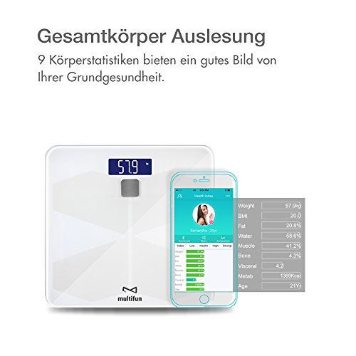 Smarte Digitale Körperfettwaage Gewichtswaage,multifun Personenwaage Körperwaage 5kg-150kg via Bluetooth Körperanalysegeräte inklusive Vermessung von Körpergewicht Körperfett Körperwasser Knochen und Muskemaße usw - 2