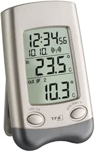 TFA Dostmann Wave Funk-Thermometer, Au&szlig;entemperatur, Innentemperatur, H&ouml;chst- und Tiefstwerte, mit Uhrzeit, Wochentag, Datum