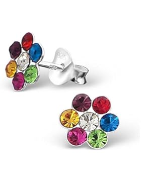 Bungsa© BLÜMCHEN Kinder-Ohrstecker aus 925 STERLING SILBER - niedliches Ohrringe Set mit KRISTALL BLUMEN für Damen...