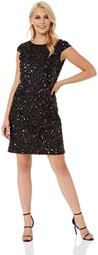 Roman Originals Womens Sequin Tinsel Shift Little Black Dress - Ladies Christmas Party Evening Going Out Sequined Sparkle Round Neck Knee Length Tunic Shift Dresses LBD