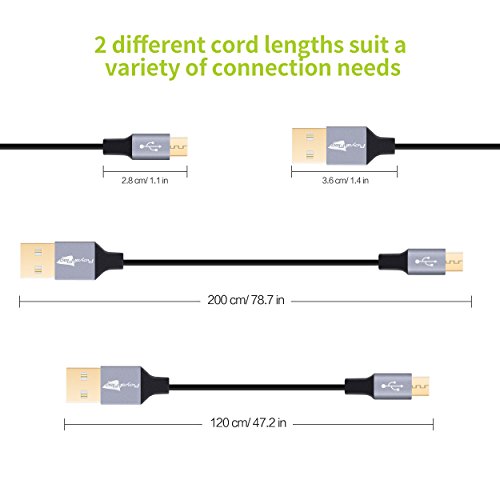 Royal Flag Micro USB Kabel 2 Stk. 2m*1 + 1.2m*1 Ladekabel mit vergoldeten Steckern Passend für alle Android-Smartphones (Samsung, HTC, LG, Sony ), Tablets, E-Books sowie andere Geräte, Schwarz - 8