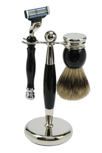 Fantasia 81023 Razor Set with 3-Blade Razor, Badger Shaving Brush, Silver-Tipped, 19 cm, Black/Chrome