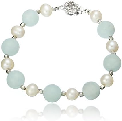 Lustrous - White Pearls and Aquamarine Beads Bracelet with White Gold Plated Carved Flower Clasp