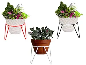 Rise Corp Round Iron Matka Planter Pot Stand for Home, Balcony, Garden Decor, Office/Floor Flower Plant Pot Stand Rack Holder- Pack of 3 (Red, White and Black, 7 x 7 x 7 inch)