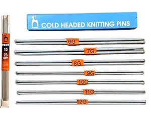 PONY Single Point Round Knob Aluminium Cold Headed Knitting Pins/Knitting Needles (Grey, Size No. 6 to 12, Length 25cm) Along with Neck Needles Set of 4 (Size No. 10)