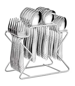 Parage Miracle Stainless Steel Cutlery Set- Set of 25 (Contains: 6 Spoons, 6 Forks, 6 Tea Spoons, 6 Soup Spoons, 1 Stand), Cutlery Set for Dining Table Stylish, Silver