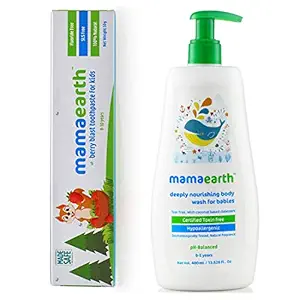 Mamaearth 100 Percent Natural Berry Blast Kids Toothpaste, 50g ?nd Nourishing Baby Wash (400 Ml, 0-5 Yrs)