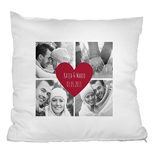 Personello® Fotokissen mit 4 Fotos (gratis schwarz-weiss Umwandlung), Datum und Namen im Herz personalisierbar, Fotogeschenk, mit Füllung, Geschenk zum Jahrestag, Geschenk für Freund