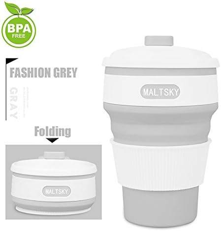 Foldable Cup,Maltsky Collapsible Coffee Cup Collapsible Silicone Cup 12oz/350ml Foldable Travel Mug Food-grade Silicone BPA-free with Leak-Proof Lid Design for Camping,Hiking,Outdoors,Commuters (gray)