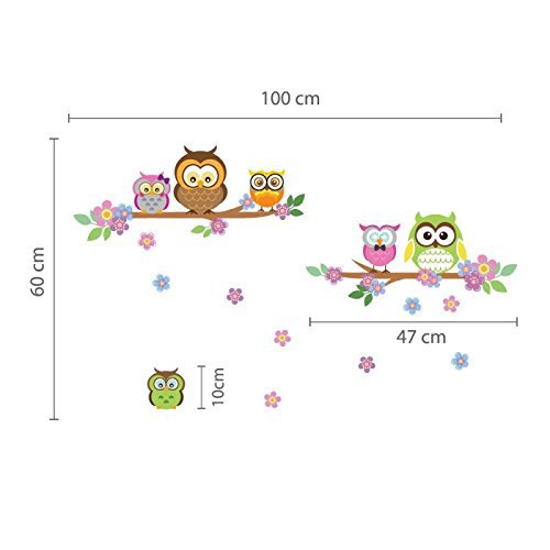denoda® Eulen, Äste und Blumen – Wandsticker (Owl Wanddekoration Wohndeko Kinderzimmer Babyzimmer Jugendzimmer Wohnzimmer Wand Aufkleber niedlich süß Baum Flower Vogel Zweig schön cute Wandbild selbstklebend) - 3