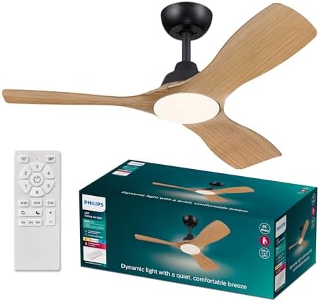 Philips Olas Ventilatore a Soffitto, 3 Pale, Diametro 106 cm, Motore DC, Temperatura Colore 3000k-4300k-6500k, Dimmerabile, Include Telecomando, Legno Nero