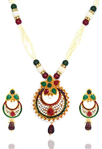 Aashya Mayro Padmavat Inspired Rajwadi Gold Plating with Green and Maroon Stone and Meenakari, Pearl Necklace and Earring for Women Girls