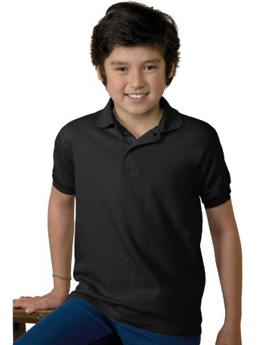 Hanes Cotton-Blend Kids` Jersey Polo, 054Y, XS, Black